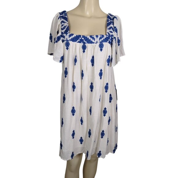 Lulus Mykonos Moment white blue Embroidered linen shift mini dress‎ size M - Picture 2 of 16